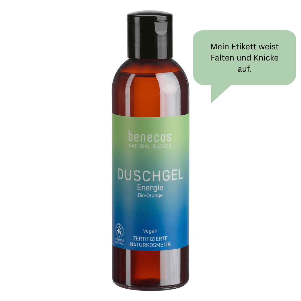benecos Natural Basics Duschgel Energie, Etikett mit Schönheitsfehler