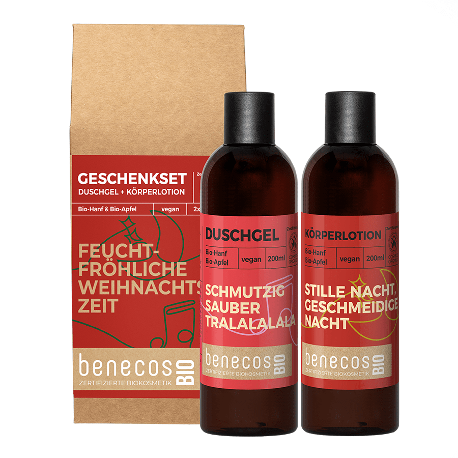 benecosBIO Pflegeset Weihnachtsedition Bio-Hanf Feucht-fröhliche Weihnachtszeit-Duschgel, Bodylotion